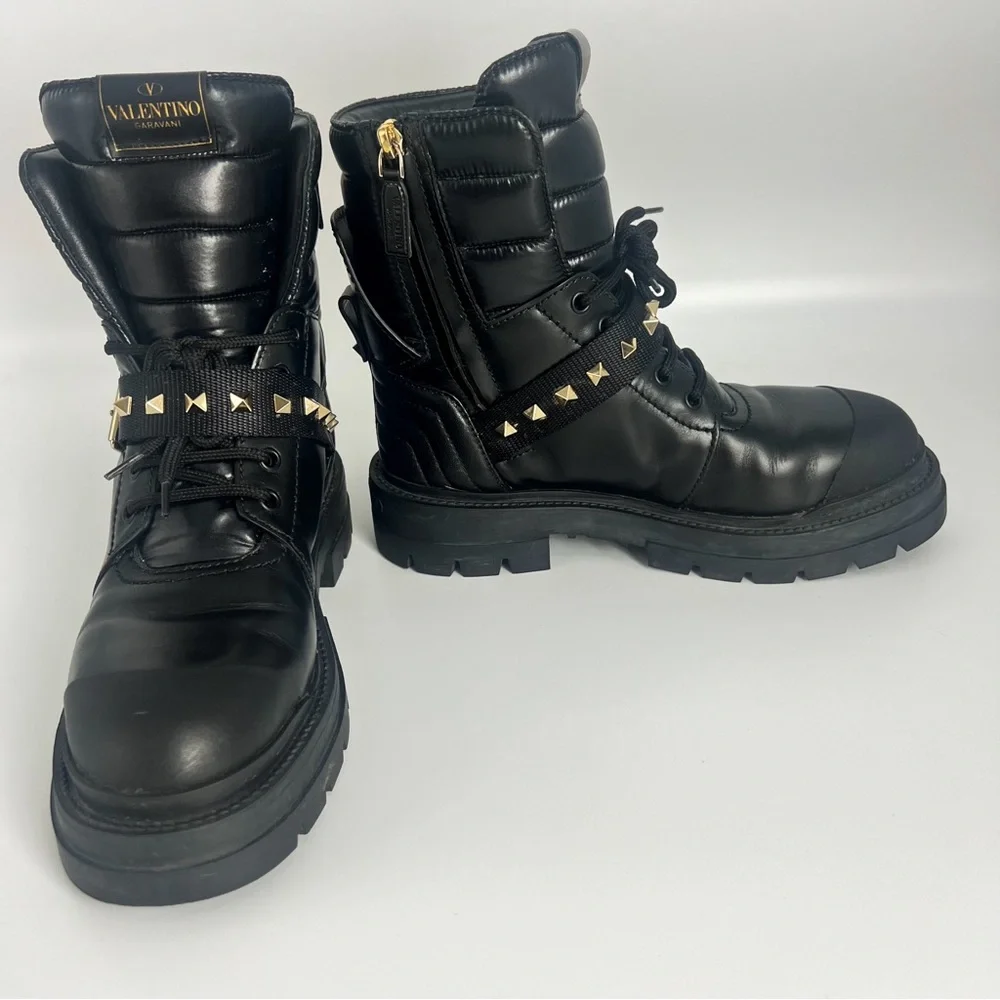 💯 AUTHENTIC VALENTINO GARAVANI CALFSKIN NYLON ROCKSTUD QUILTED WATERPROOF BOOTS - Picture 9 of 14